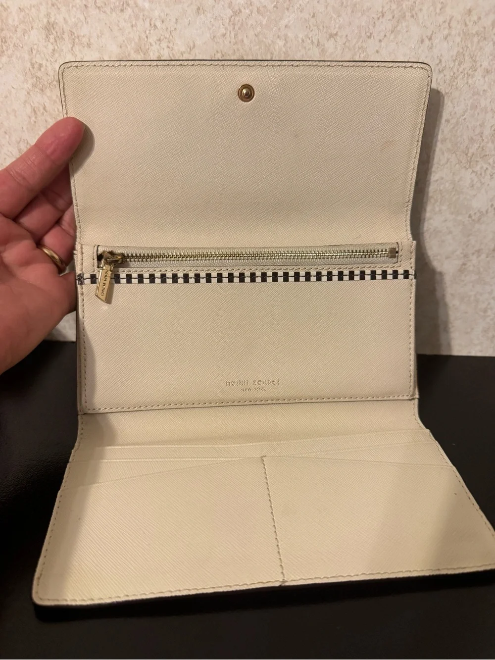 henri bendel ivory croc-embossed continental wallet with gold plaque